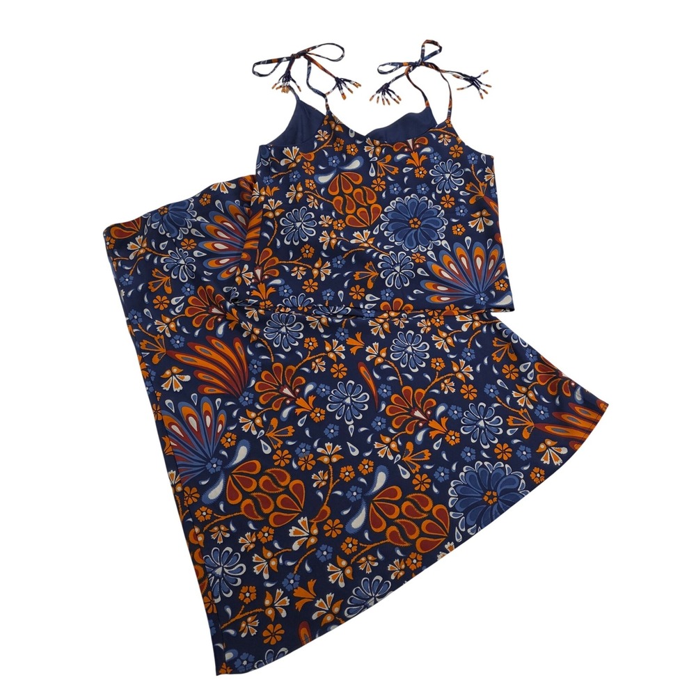 Sigrid Olsen Womens Navy Blue Floral Paisley Beaded Tie Strap Cami Skirt Set Med
